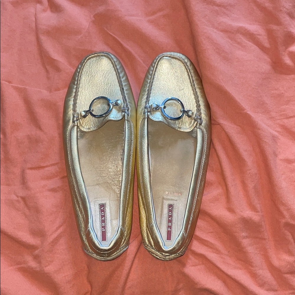 Prada Metallic Gold Leather Loafers Driving Flats Designer Size 40 (US 10)